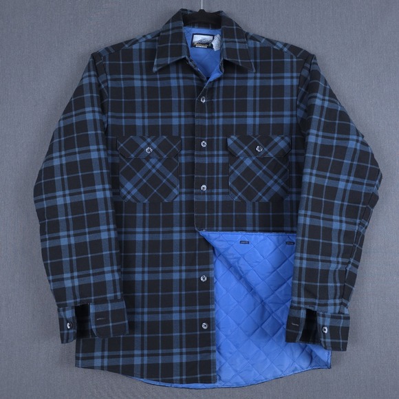 Fieldmaster Other - Fieldmaster Flannel Shirt Mens Medium 15.5 Black Blue Plaid Quilt Lined Button